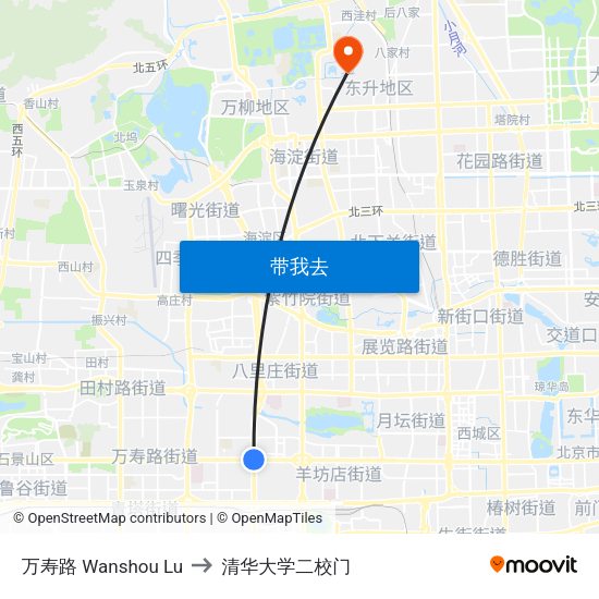 万寿路 Wanshou Lu to 清华大学二校门 map