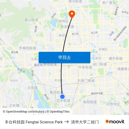 丰台科技园 Fengtai Science Park to 清华大学二校门 map