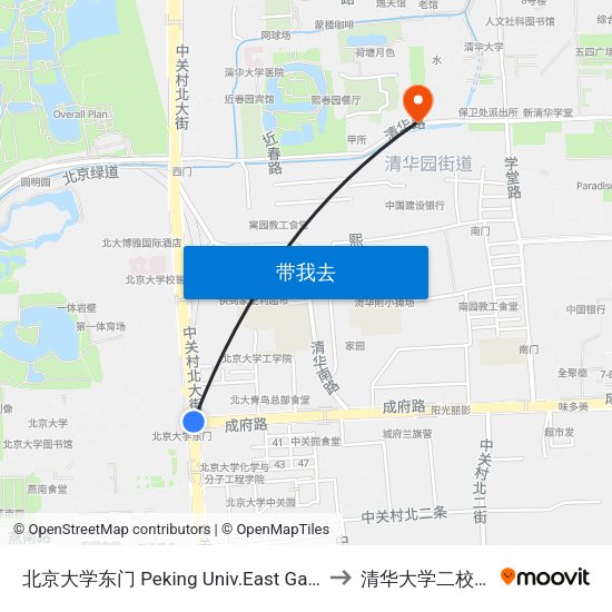 北京大学东门 Peking Univ.East Gate to 清华大学二校门 map