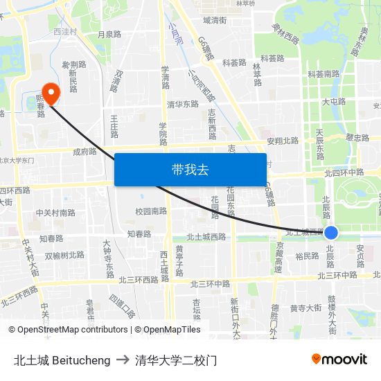 北土城 Beitucheng to 清华大学二校门 map