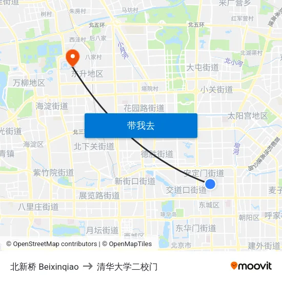 北新桥 Beixinqiao to 清华大学二校门 map