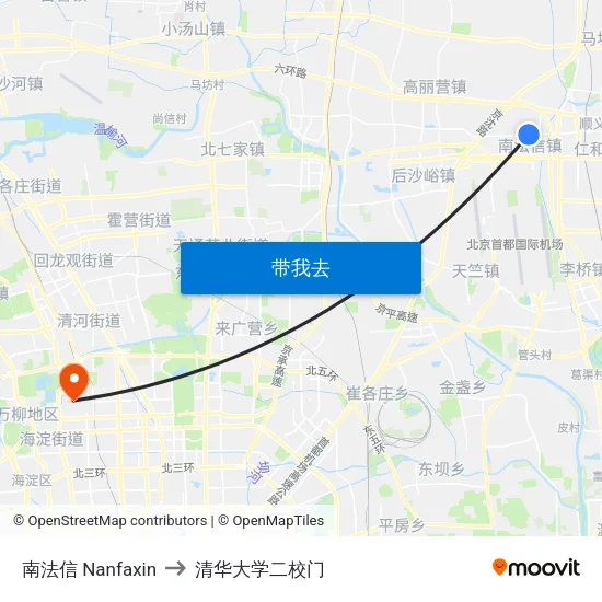 南法信 Nanfaxin to 清华大学二校门 map