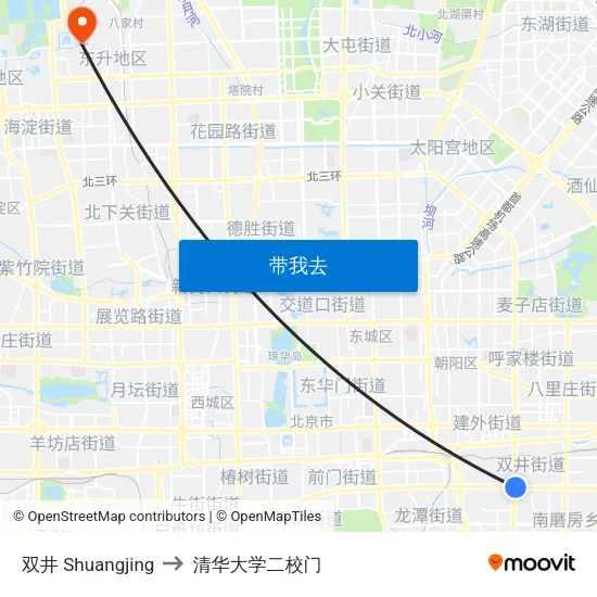 双井 Shuangjing to 清华大学二校门 map