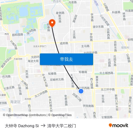 大钟寺 Dazhong Si to 清华大学二校门 map