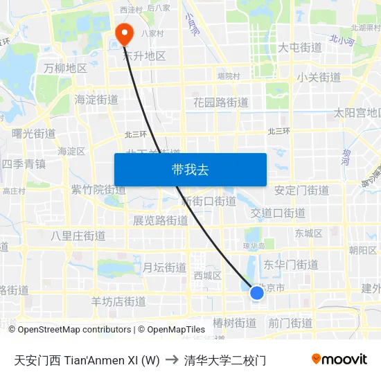 天安门西 Tian'Anmen XI (W) to 清华大学二校门 map