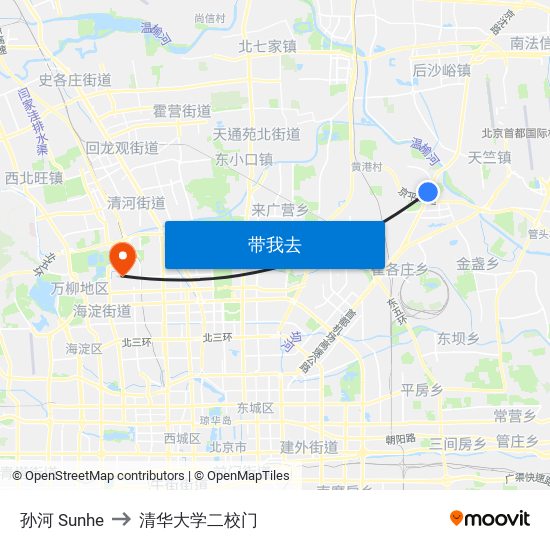 孙河 Sunhe to 清华大学二校门 map