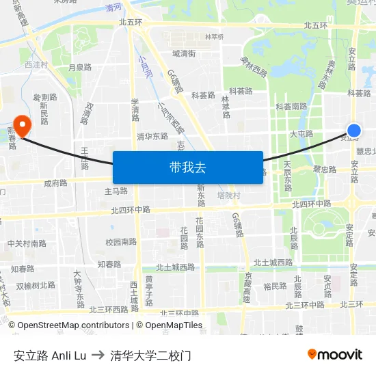安立路 Anli Lu to 清华大学二校门 map