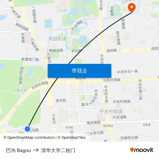 巴沟 Bagou to 清华大学二校门 map