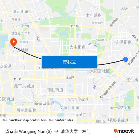 望京南 Wangjing Nan (S) to 清华大学二校门 map