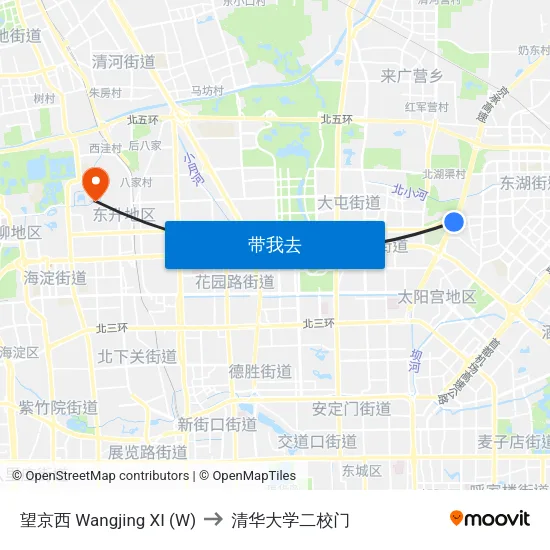 望京西 Wangjing XI (W) to 清华大学二校门 map