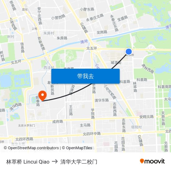 林萃桥 Lincui Qiao to 清华大学二校门 map