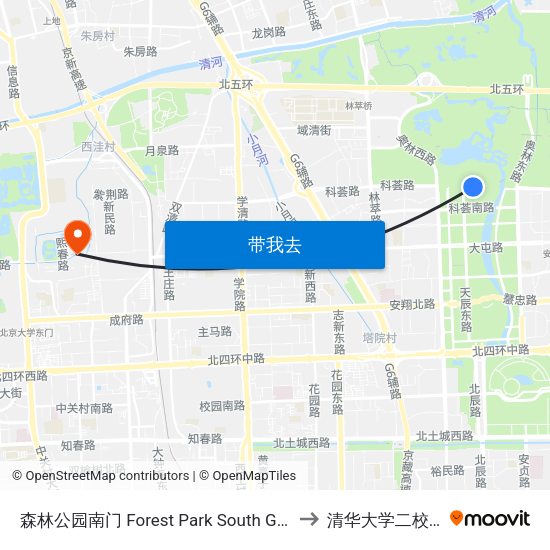 森林公园南门 Forest Park South Gate to 清华大学二校门 map