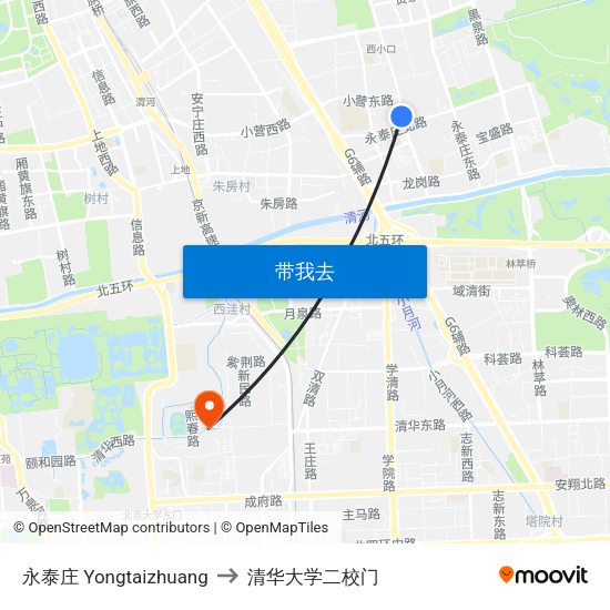 永泰庄 Yongtaizhuang to 清华大学二校门 map