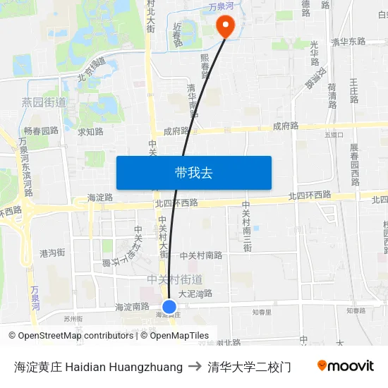 海淀黄庄 Haidian Huangzhuang to 清华大学二校门 map
