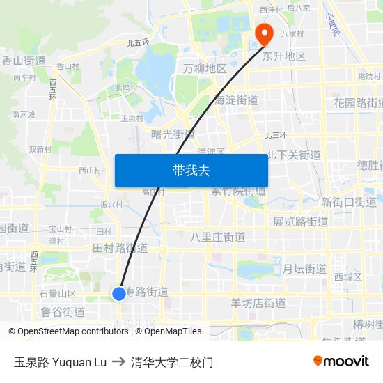 玉泉路 Yuquan Lu to 清华大学二校门 map