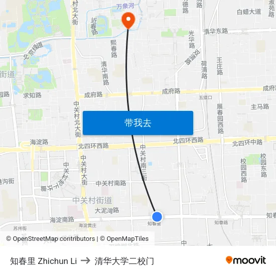 知春里 Zhichun Li to 清华大学二校门 map
