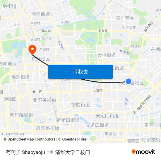 芍药居 Shaoyaoju to 清华大学二校门 map