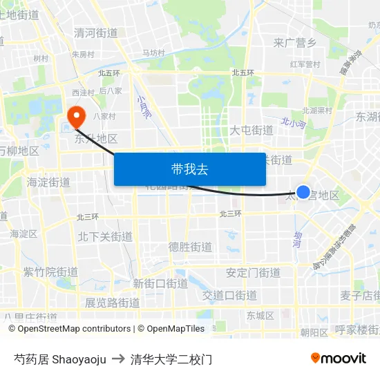 芍药居 Shaoyaoju to 清华大学二校门 map