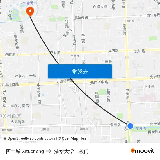 西土城 Xitucheng to 清华大学二校门 map