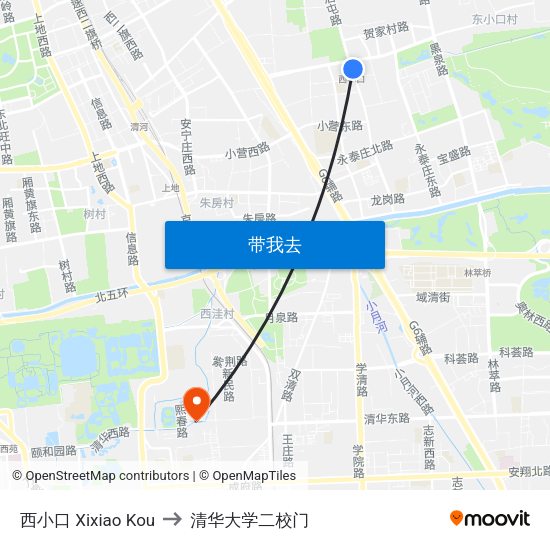 西小口 Xixiao Kou to 清华大学二校门 map