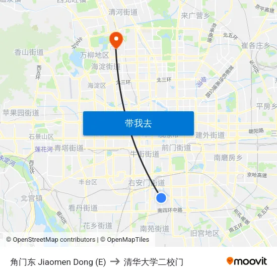 角门东 Jiaomen Dong (E) to 清华大学二校门 map