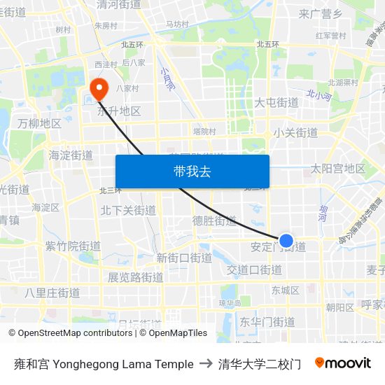 雍和宫 Yonghegong Lama Temple to 清华大学二校门 map
