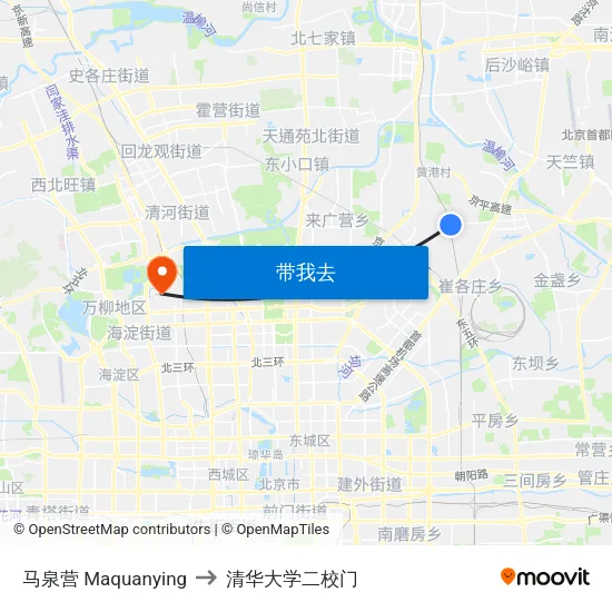 马泉营  Maquanying to 清华大学二校门 map