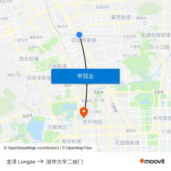 龙泽 Longze to 清华大学二校门 map