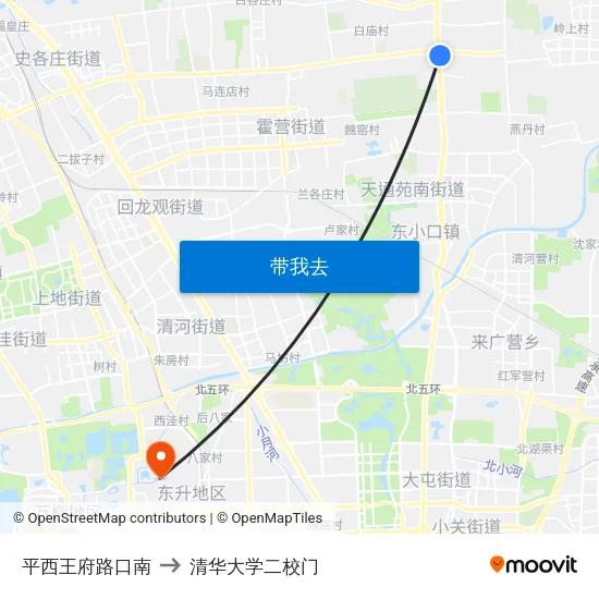 平西王府路口南 to 清华大学二校门 map