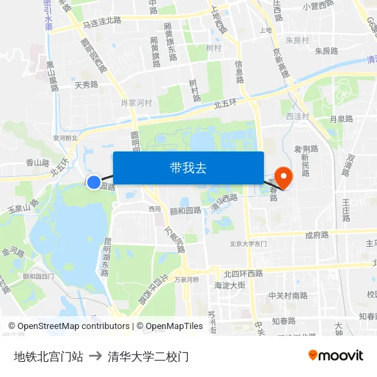 地铁北宫门站 to 清华大学二校门 map