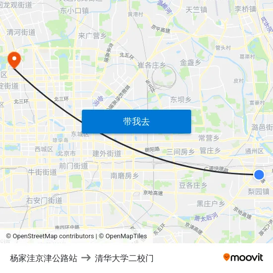 杨家洼京津公路站 to 清华大学二校门 map