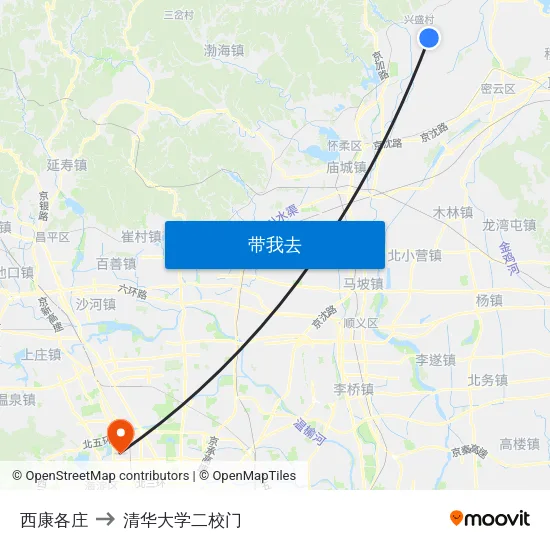 西康各庄 to 清华大学二校门 map