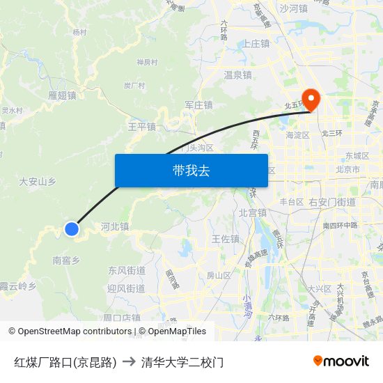 红煤厂路口(京昆路) to 清华大学二校门 map