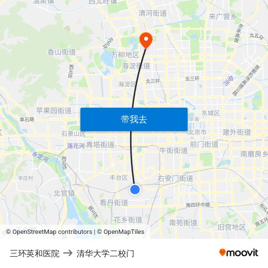 三环英和医院 to 清华大学二校门 map