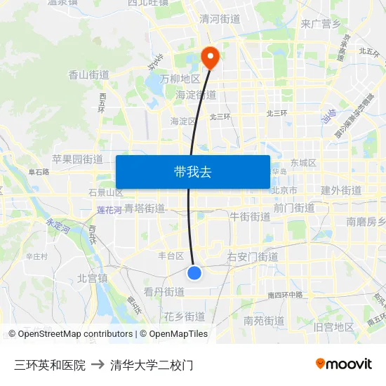 三环英和医院 to 清华大学二校门 map
