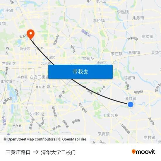 三黄庄路口 to 清华大学二校门 map