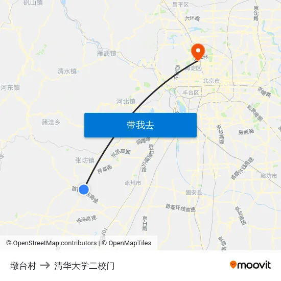 墩台村 to 清华大学二校门 map