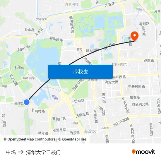 中坞 to 清华大学二校门 map