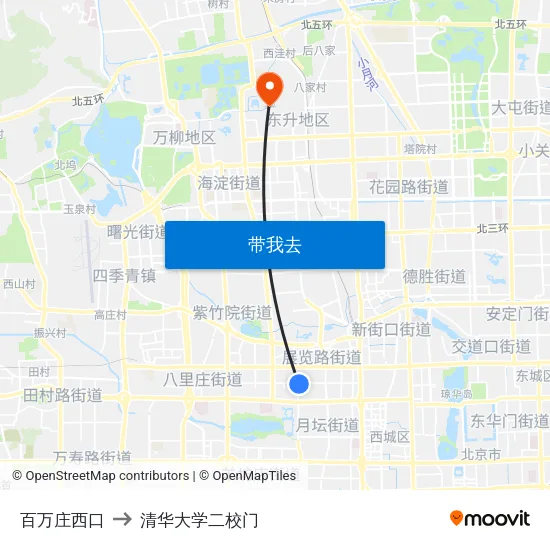 百万庄西口 to 清华大学二校门 map