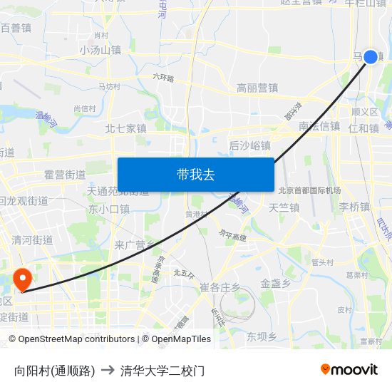 向阳村(通顺路) to 清华大学二校门 map
