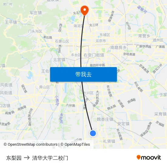 东梨园 to 清华大学二校门 map