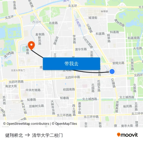 健翔桥北 to 清华大学二校门 map