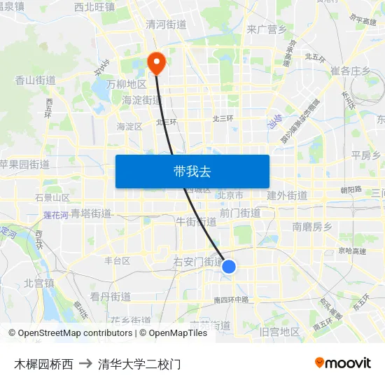 木樨园桥西 to 清华大学二校门 map