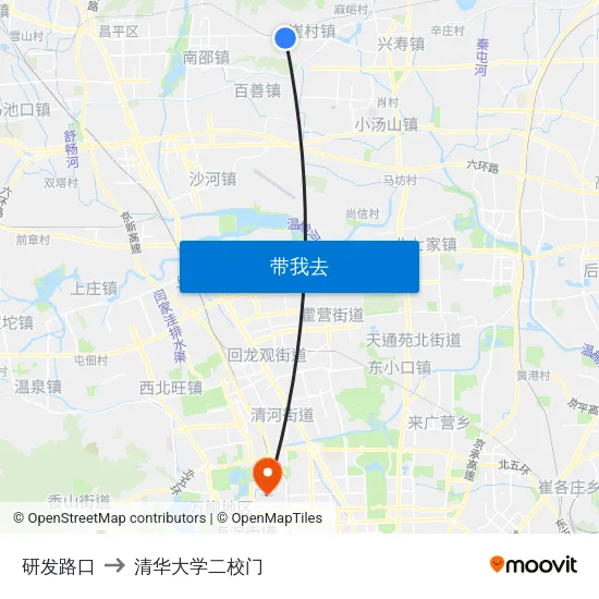 研发路口 to 清华大学二校门 map