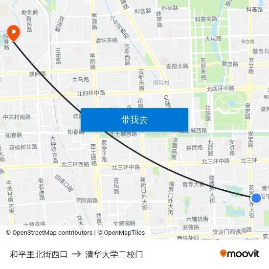 和平里北街西口 to 清华大学二校门 map