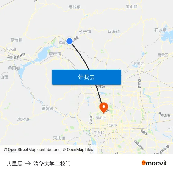 八里店 to 清华大学二校门 map