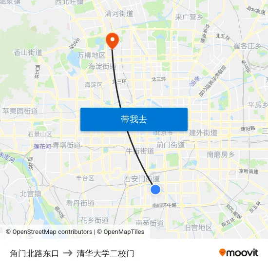角门北路东口 to 清华大学二校门 map