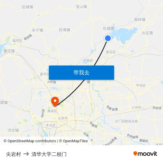 尖岩村 to 清华大学二校门 map