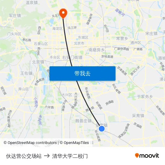 伙达营公交场站 to 清华大学二校门 map