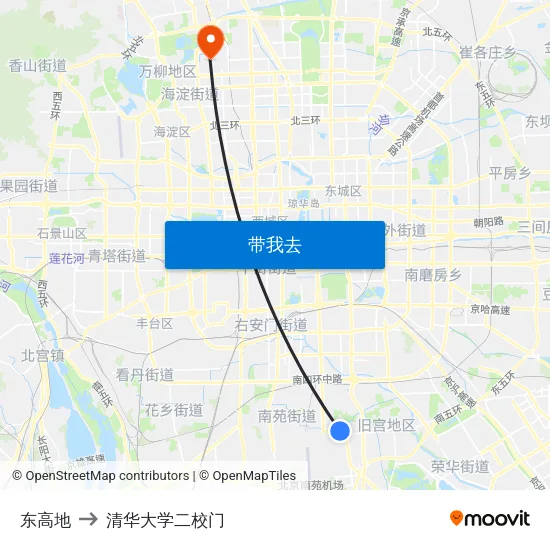 东高地 to 清华大学二校门 map